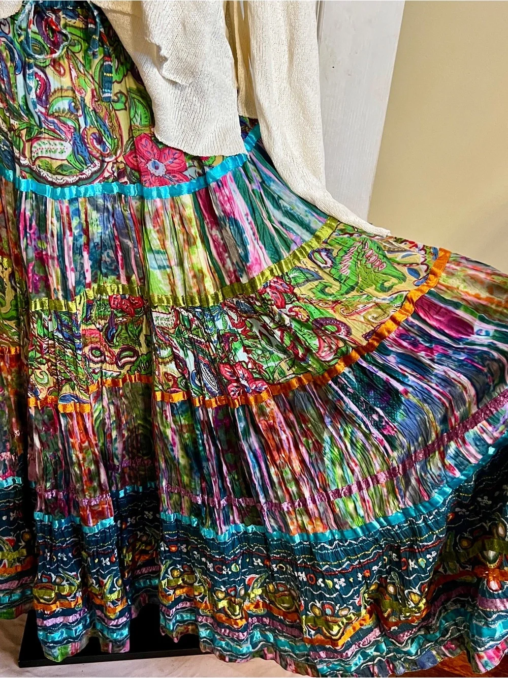 TravelSmith Wms Colorful Cotton Patchwork Tiered Paisley Boho Gypsy Maxi Skirt M